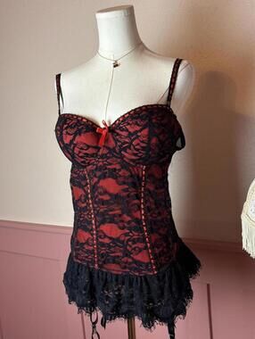 goth vamp fairy lace corset bustier seven til midnight red black sz xl romantic